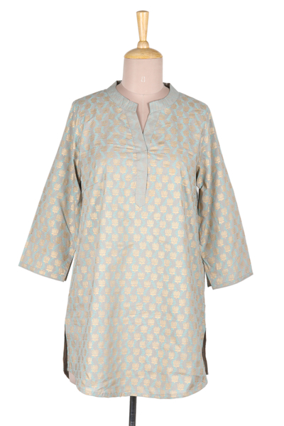 Cotton tunic, 'Lotus Glam' - Lotus-Themed Cotton Block Print Tunic in Grey Gold and Green