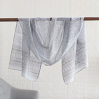 Cotton blend shawl, 'Ash Elegance' - Handloomed Cotton Blend Ash Shawl with Printed Leafy Details