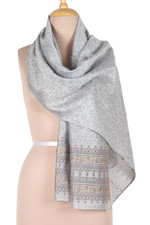 Cotton blend shawl, 'Ash Elegance' - Handloomed Cotton Blend Ash Shawl with Printed Leafy Details