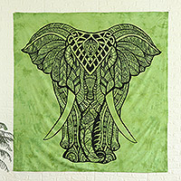 Cotton wall hanging, 'Royal Rajasthan' - 100% Cotton Green Wall Hanging of Elephant Crafted in India