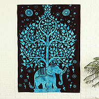 Cotton wall hanging, 'Tree of Happiness' - 100% Cotton Elephant and Tree Wall Hanging from India