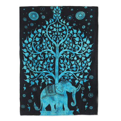 Wandbehang aus Baumwolle, 'Baum des Glücks' - 100% Baumwolle Elefant und Baum Wandbehang aus Indien