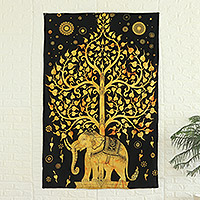Cotton wall hanging, 'Golden Tree' - 100% Cotton Elephant and Tree Wall Hanging Crafted in India