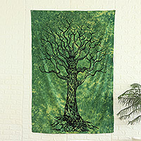 Cotton wall hanging, 'Splendid Tree' - 100% Cotton Wall Hanging of Black and Green Tree from India