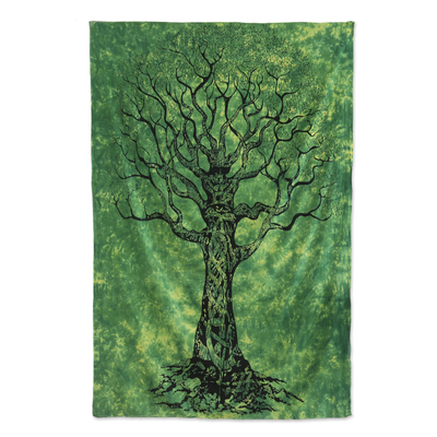 Cotton wall hanging, 'Splendid Tree' - 100% Cotton Wall Hanging of Black and Green Tree from India