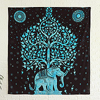 Cotton wall hanging, 'Happiness Tree' - 100% Cotton Elephant and Tree Wall Hanging from India
