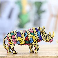 aluminium figurine, 'Charming Rhino' - Multicoloured Rhino aluminium Figurine Hand-painted in India