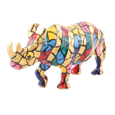 aluminium figurine, 'Charming Rhino' - Multicoloured Rhino aluminium Figurine Hand-painted in India