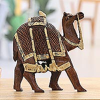 Wood figurine, 'Camel Walk' - Camel Wood Figurine Hand-carved and Hand-painted in India