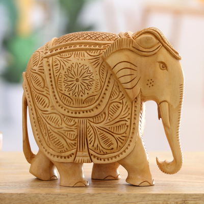 Wood figurine, 'Grandiose Elephant' - Exquisite Elephant Wood Figurine Carved in India
