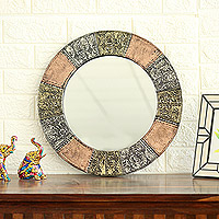 Embossed metal wall mirror, 'Delhi Fantasy' - Embossed Metals and Wood Wall Mirror Handcrafted in India
