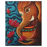 'Ekadanta' - Pintura hindú firmada sin estirar de Ganesha con lotos