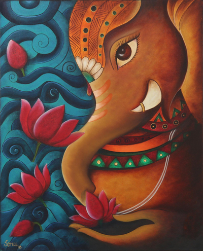 'Ekadanta' - Pintura hindú firmada y sin estirar de Ganesha con lotos