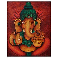 'Gajanana' - Pintura hindú firmada sin estirar de Ganesha en paleta cálida