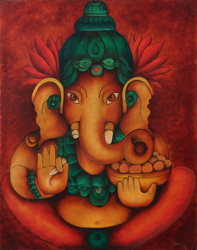 'Gajanana' - Pintura hindú firmada y sin estirar de Ganesha en una paleta cálida