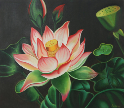 'Lotus Pond' - Signiertes ungedehntes impressionistisches Ölgemälde von Lotusblüte