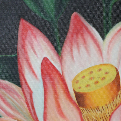 'Lotus Pond' - Pintura al óleo impresionista firmada sin estirar de flor de loto