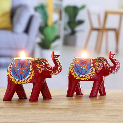 Wood tea light holder, Elephants Rejoice (pair)