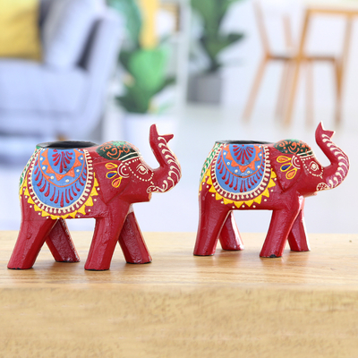 Wood tea light holder, 'Elephants Rejoice' (pair) - Pair of Hand Painted Tea Light Candle Holders from India