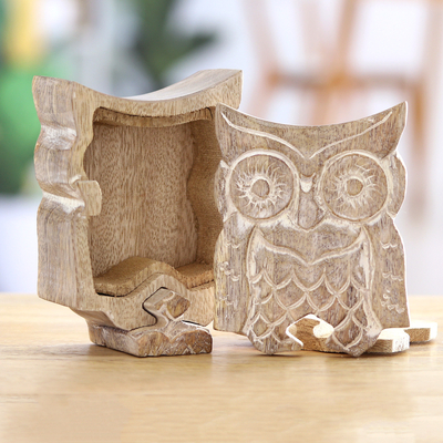 Wood puzzle box, 'Perched at Midnight' - Handmade Owl-Themed Wood Puzzle Box from India