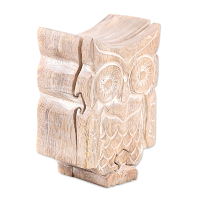 Caja puzzle de madera, 'Encaramado a la medianoche' - Caja de rompecabezas de madera con tema de búho hecha a mano de la India