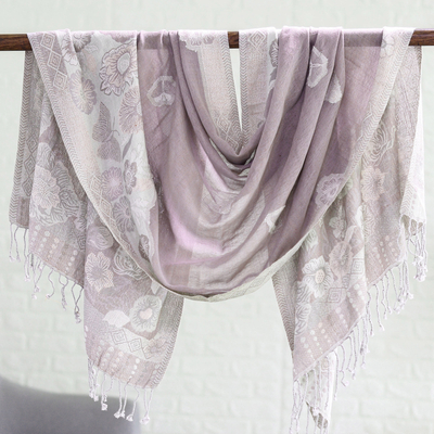 Cotton blend shawl, 'Bloom Charm' - Cotton & Wool Shawl with Floral Pattern Woven in India