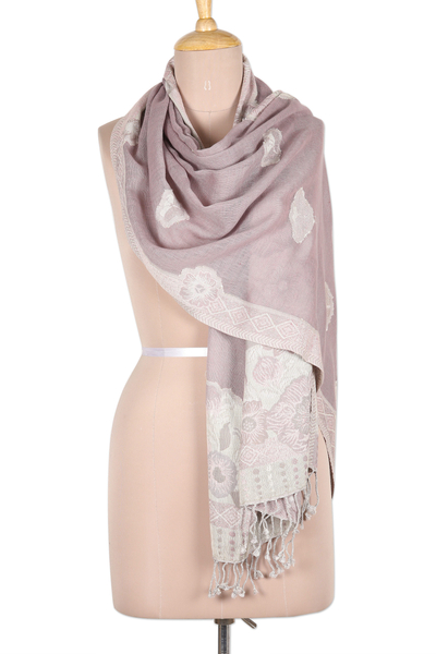 Cotton & Wool Shawl with Floral Pattern Woven in India