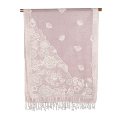 Mantón de mezcla de algodón, 'Bloom Charm' - Mantón de algodón y lana con estampado floral tejido en la India