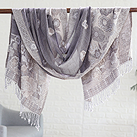 Cotton blend shawl, 'Bloom Charm in Grey' - Cotton & Wool Shawl with Floral Pattern Woven in India