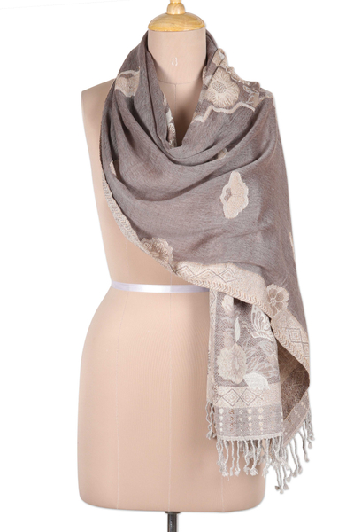 Cotton & Wool Shawl with Floral Pattern Woven in India