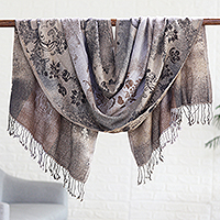 Cotton blend shawl, 'Sandy Charm' - Cotton & Wool Shawl with Floral Pattern Woven in India