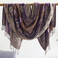 Mantón de mezcla de algodón, 'Pattern Charm' - Mantón de algodón y lana con estampado floral tejido en la India