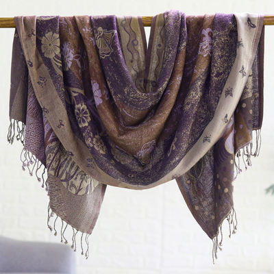 Cotton blend shawl, 'Pattern Charm' - Cotton & Wool Shawl with Floral Pattern Woven in India