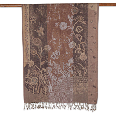 Schal aus Baumwollmischung - Schal aus Baumwolle und Wolle mit Blumenmuster, gewebt in Indien