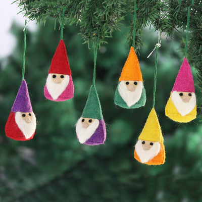 Wool felt ornaments, 'Lucky Gnomes' (set of 6) - Set of 6 Wool Felt Gnome Ornaments in Colorful Tones