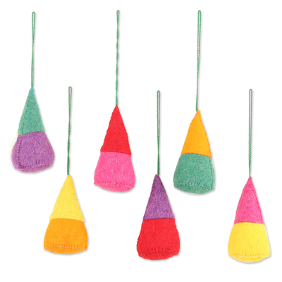 Wool felt ornaments, 'Lucky Gnomes' (set of 6) - Set of 6 Wool Felt Gnome Ornaments in Colorful Tones