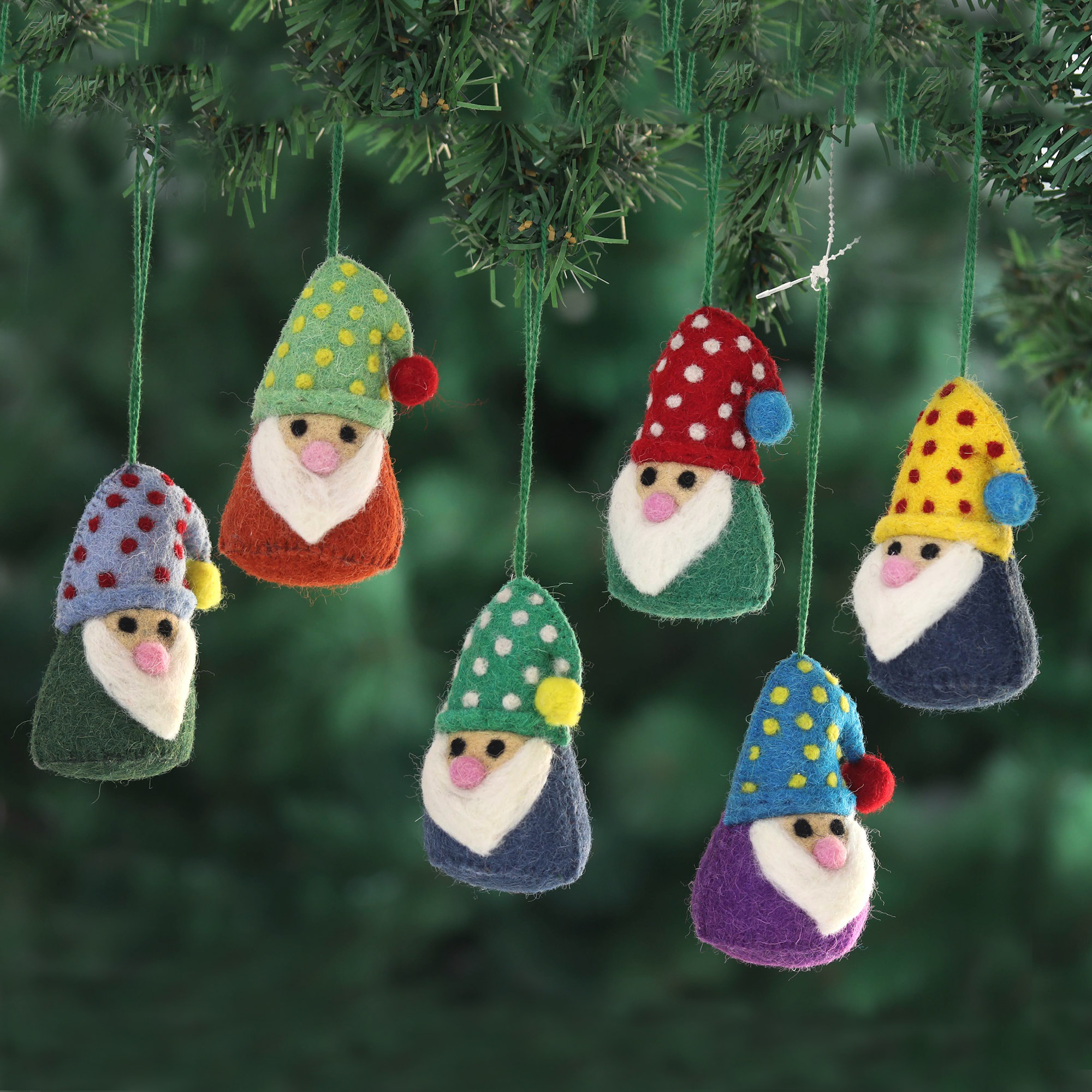 Wool Felt Holiday Ornaments (Set of 6) - Nordic Gnomes | NOVICA