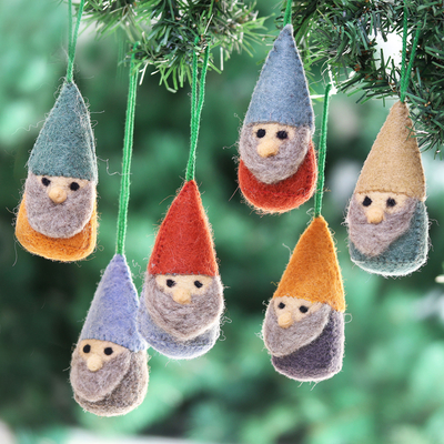 Wool felt ornaments, 'Winter Gnomes' (set of 6) - Set of 6 Wool Felt Gnome Ornaments in Cold Tones