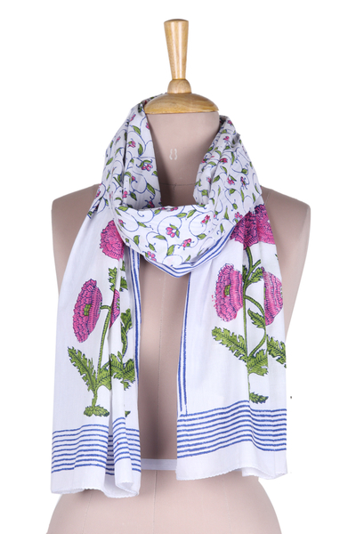 Floral Cotton Scarf with Colorful Batik Pattern from India