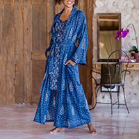 Cotton robe, 'Midnight Rest' - Cotton Robe with Printed Leafy Motifs and Cerulean Piping