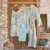 Cotton robe, 'Floral Imagination' - Cotton Robe with Printed Floral Motifs and Aquamarine Piping (image 2c) thumbail