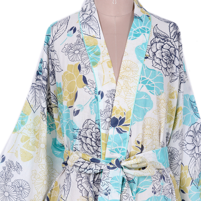 Cotton robe, 'Floral Imagination' - Cotton Robe with Printed Floral Motifs and Aquamarine Piping