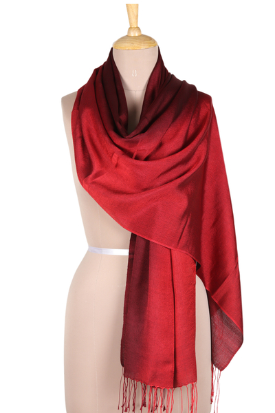 Silk blend shawl, 'Wine Dreams' - Silk Blend Wine Shawl with Fringes Crafted in India