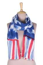 Cotton scarf, 'Sapphire Leaves' - Cotton Scarf with Leafy Batik Pattern in Sapphire Tones