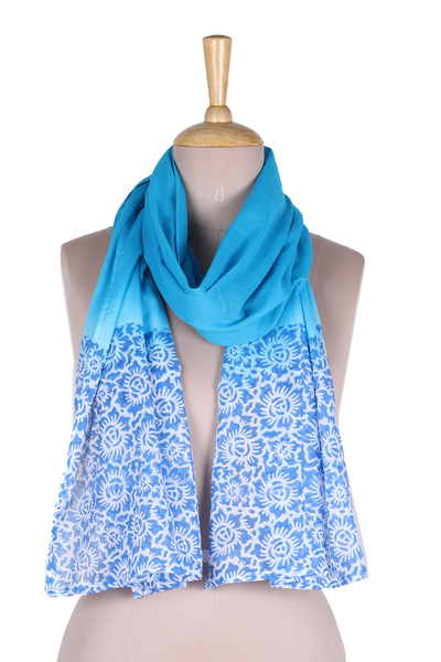 Cotton Scarf with Floral Batik Pattern in Cyan Tones