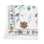 Chain-stitched cotton bedspread, 'Kashmir Blossoms' (twin) - Floral Chain-stitched Cotton Twin Bedspread Crafted in India