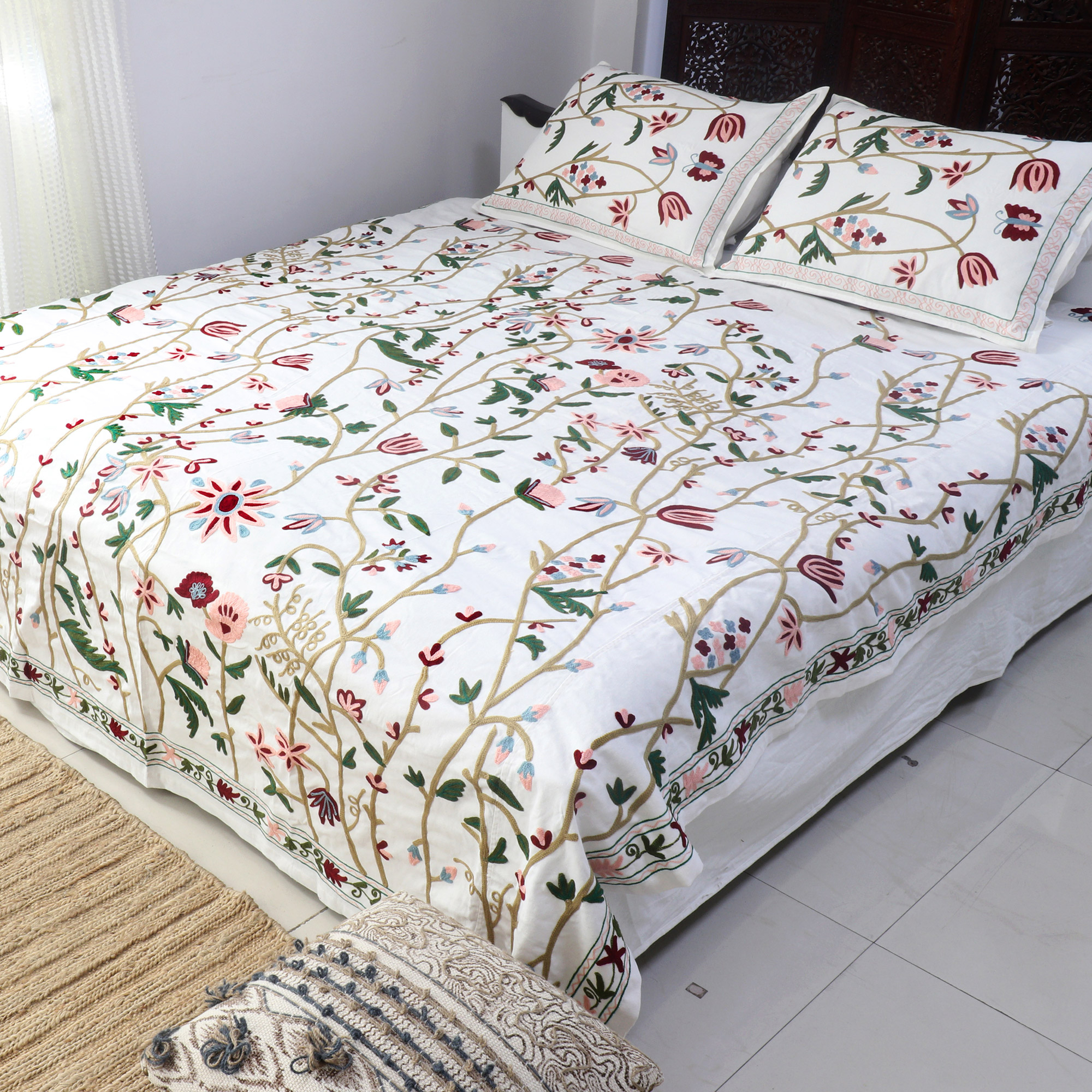 Buy King / Queen / Twin White Bed Runner With Decorative Throw Pillow  Cover, Cotton Fern Embroidery Pearls, Modern Contemporary Fern Blossom  Online in India 