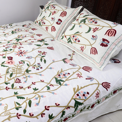 Chain-stitched cotton bedspread and pillow shams, 'Kashmir Bloom' (twin, 3 pc) - 3-piece Set Embroidered Cotton Twin Bedspread & Pillow Shams