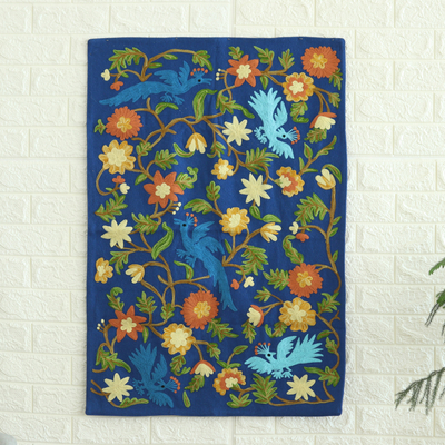 Embroidered wool tapestry, 'Happy Peacocks' - Wool Tapestry with Peacock Motif Hand-embroidered in India