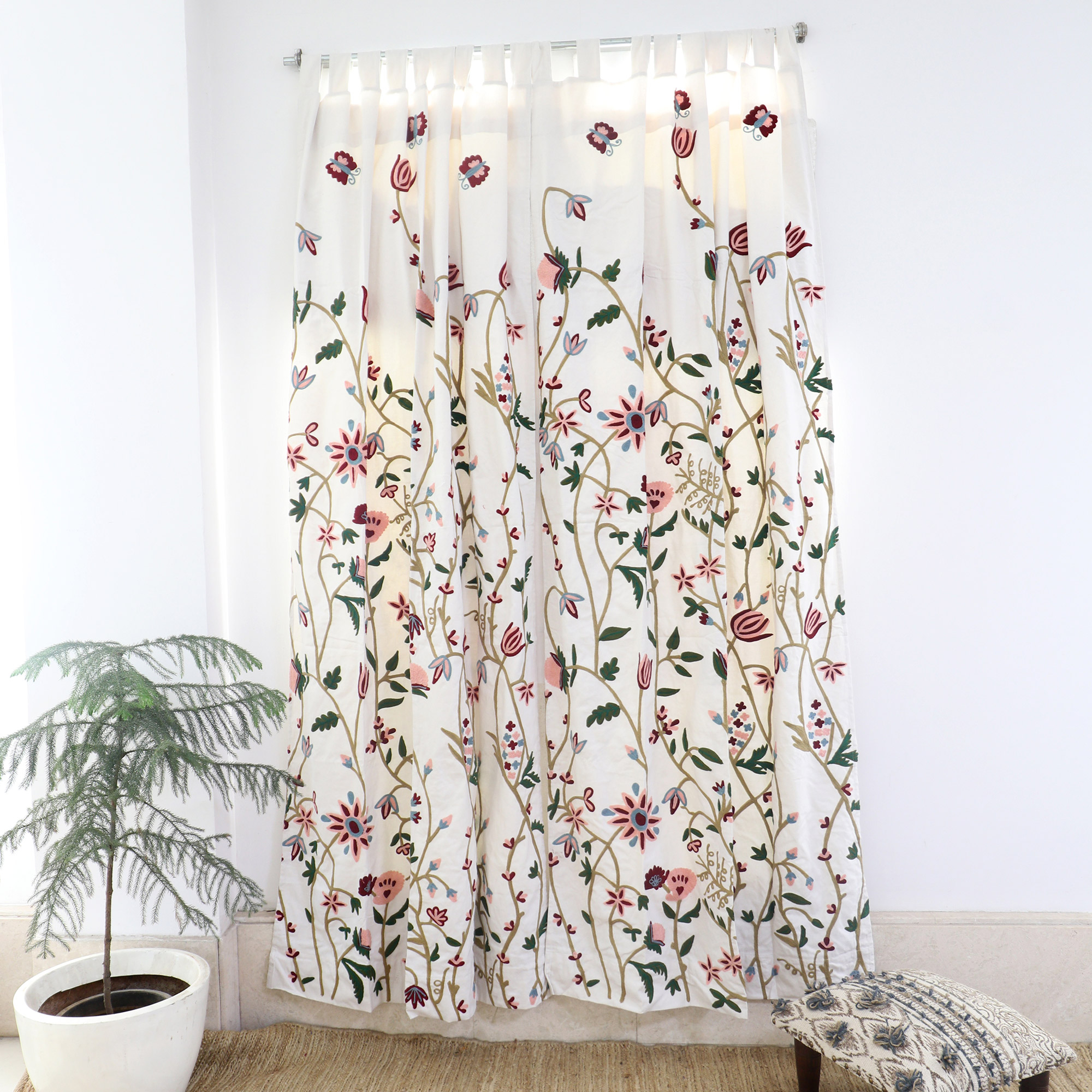 2 Floral Embroidered Cotton Curtains Handmade in India - Kashmir Bloom
